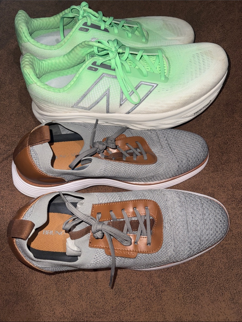New Balance Mint Green & Bruno Marc Gray Knit Sneakers with Tan Accents